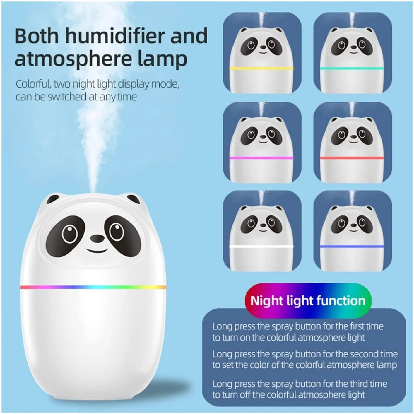 Premium Mini Panda Cool Mist Humidifier & Aroma Diffuser | Ultrasonic Quiet Air Purifier for Home, Office & Baby | LED Night Light & Portable Design