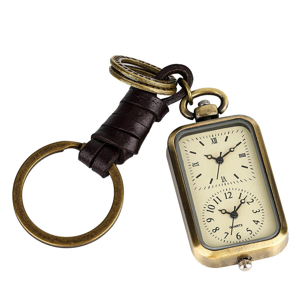 Stylish Vintage Bronze Pocket Watch with Dual Time Display with Keychain Clip