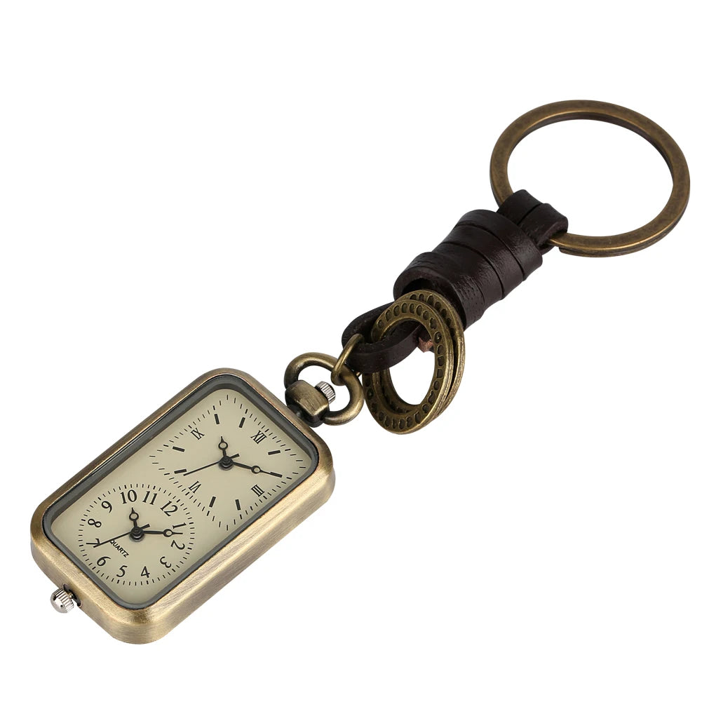 Stylish Vintage Bronze Pocket Watch with Dual Time Display with Keychain Clip