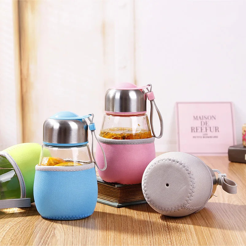 Cute Kids Glass Water Bottle with Protective Cloth Sleeve