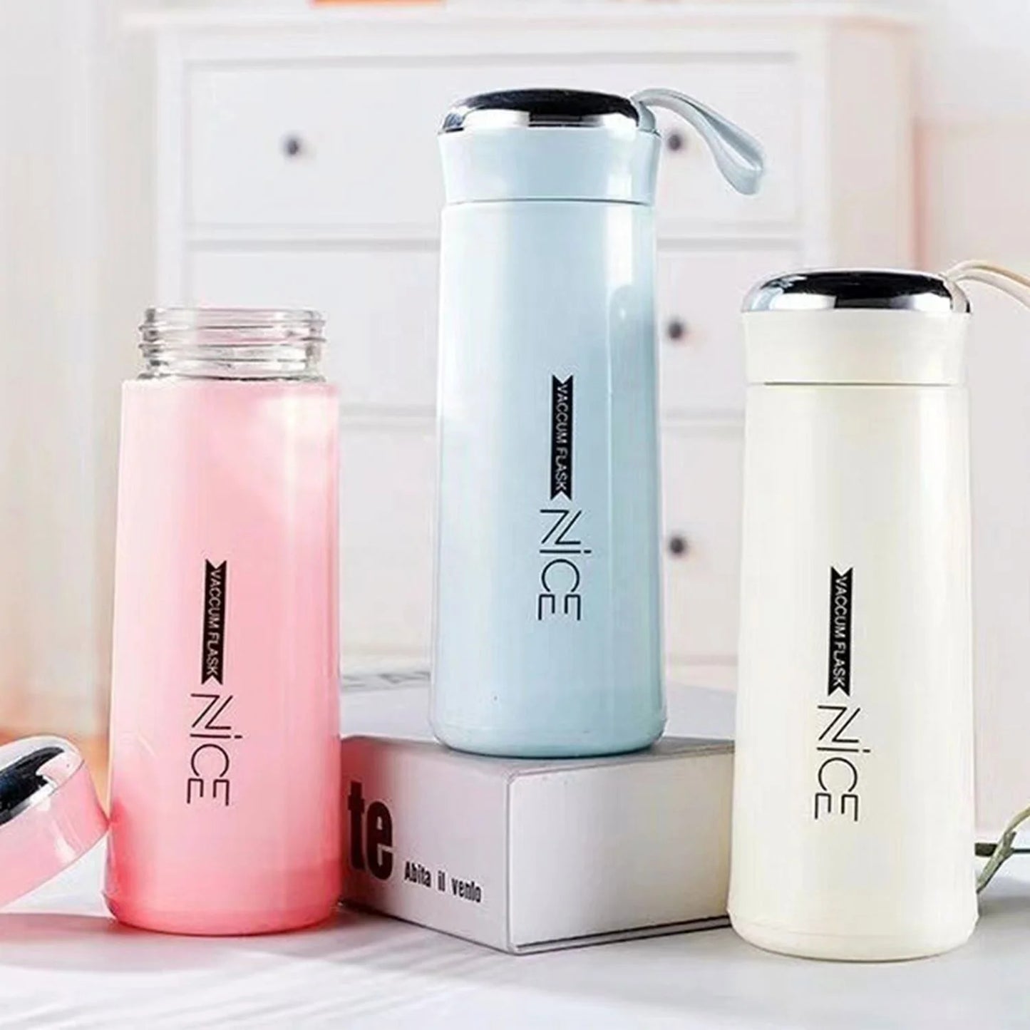 Stylish Glass Water Bottle with Thermos Cup Design