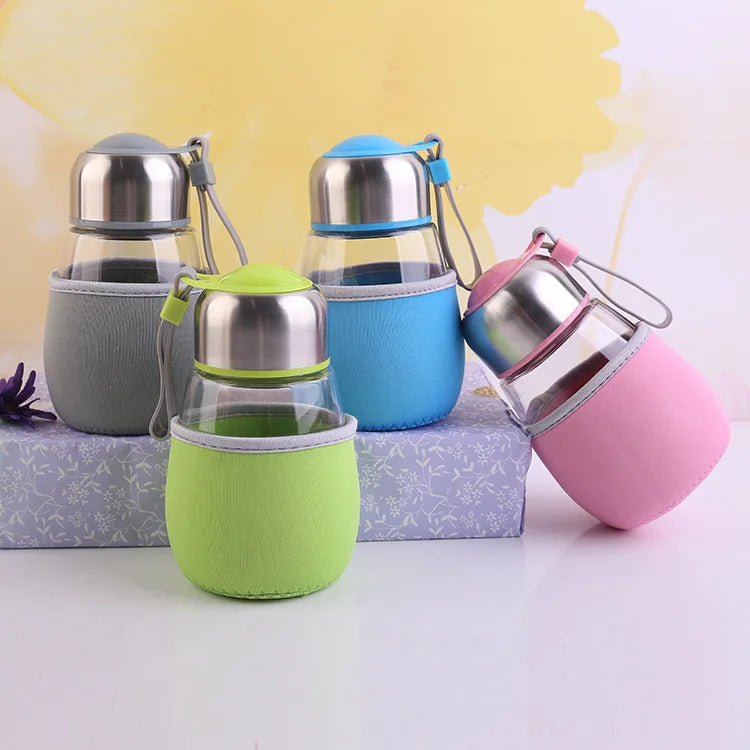 Cute Kids Glass Water Bottle with Protective Cloth Sleeve