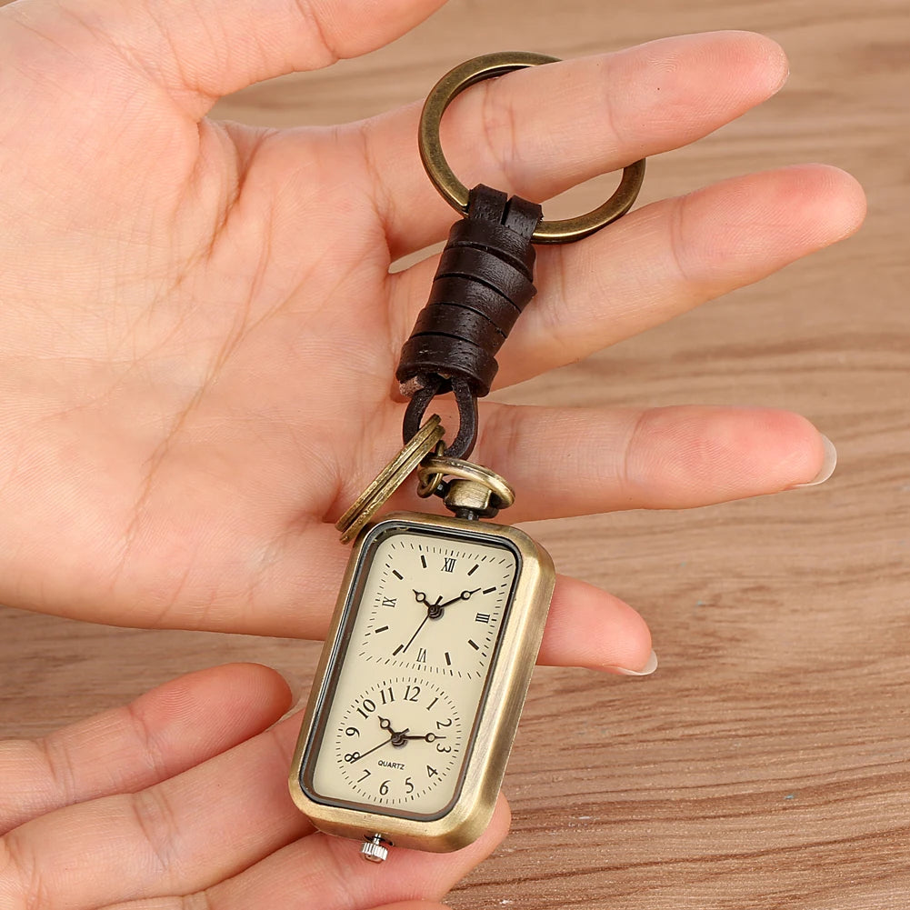 Stylish Vintage Bronze Pocket Watch with Dual Time Display with Keychain Clip